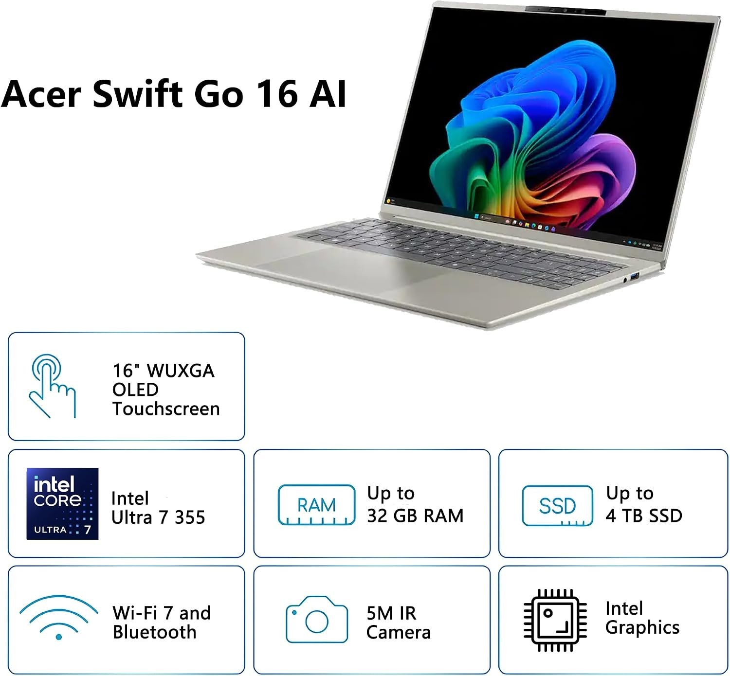 Acer Swift Go 16″ OLED Touch Laptop Intel Core Ultra 7 355 32GB RAM 2TB SSD