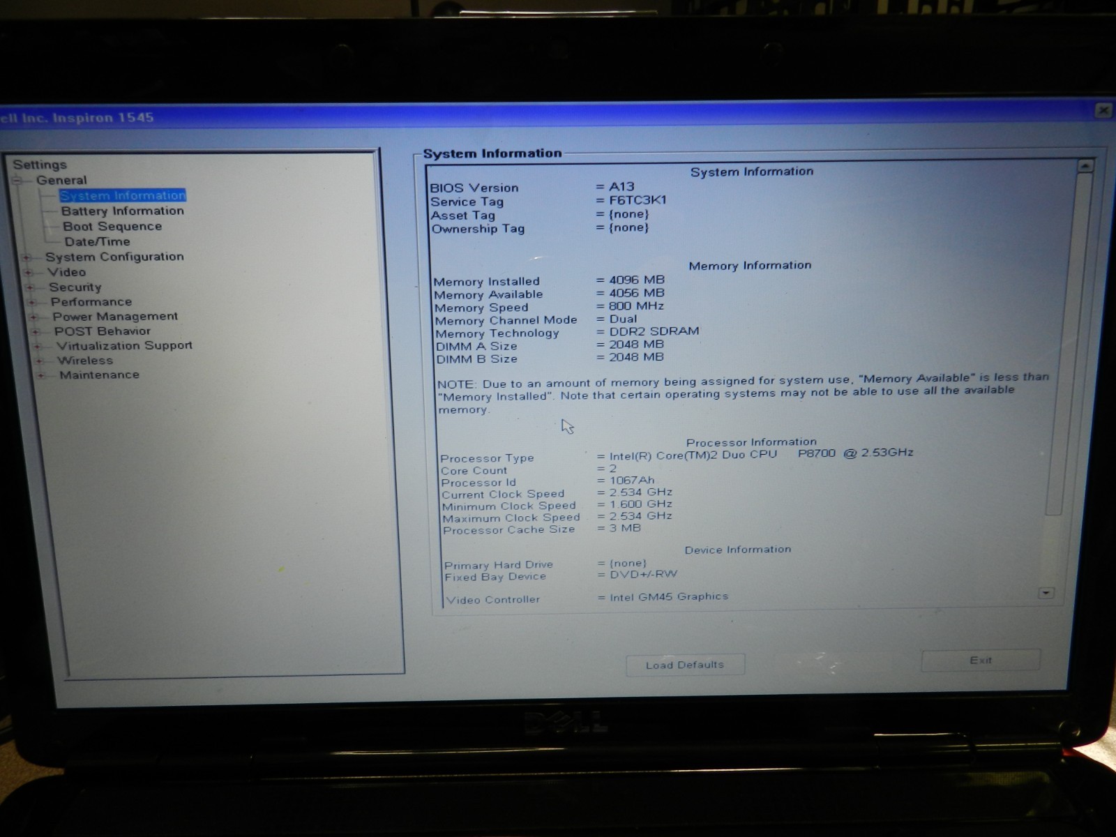 Dell Inspiron 1545 Core2 Duo P8700 @2.53ghz/4gb/No HDD w/charger – needs battery