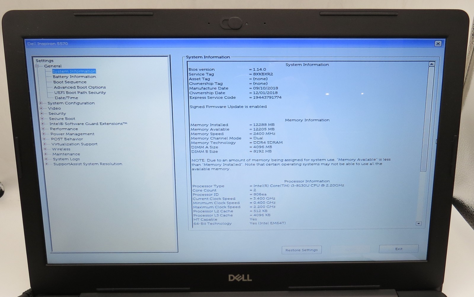 Dell Inspiron 15 5000-15.6″-i3-8130U@2.2GHz-12GB RAM-NO STRG-NO OS *READ*