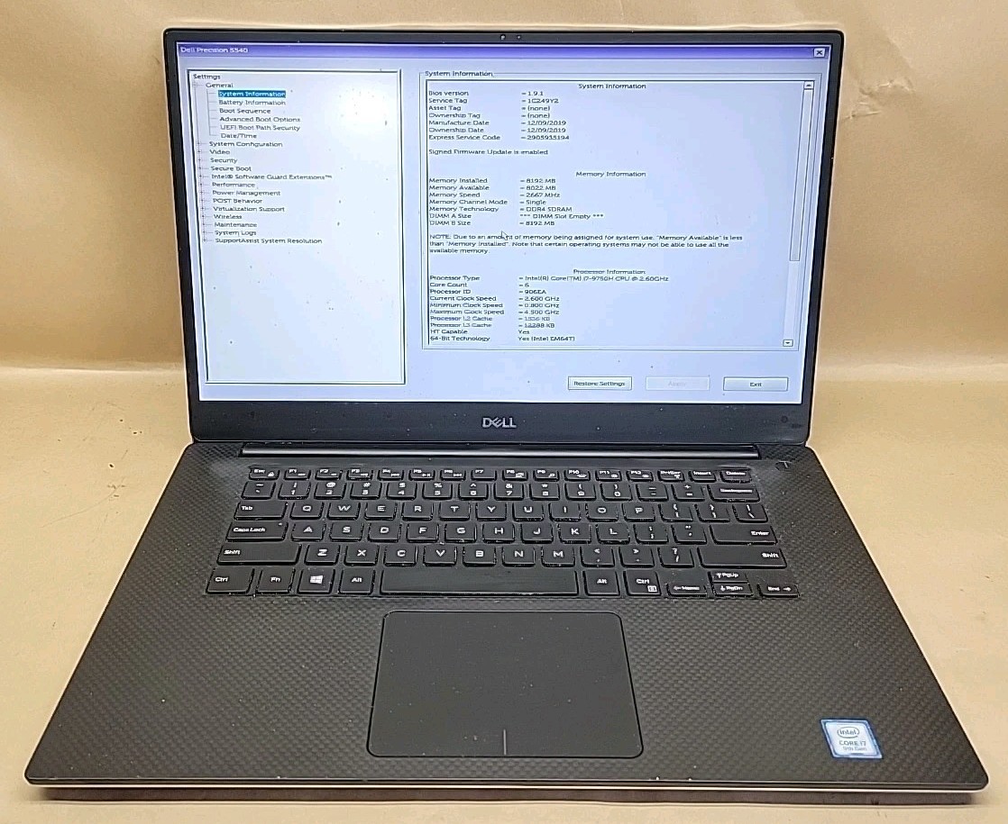Dell Precision 5540, Intel Core i7-9750H @ 2.6GHz, 8GB RAM, NO SSD, NO OS *READ*