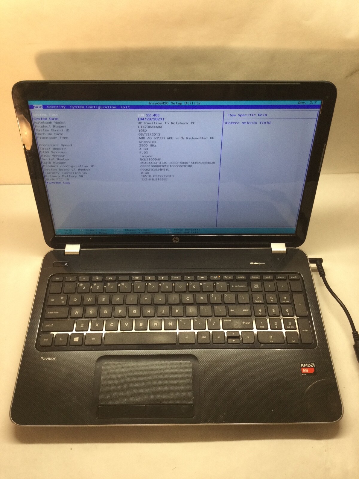 HP Pavilion 15-E028US 15″ Laptop AMD A6-530M APU Radeon- BOOTS TO BIOS-MZ