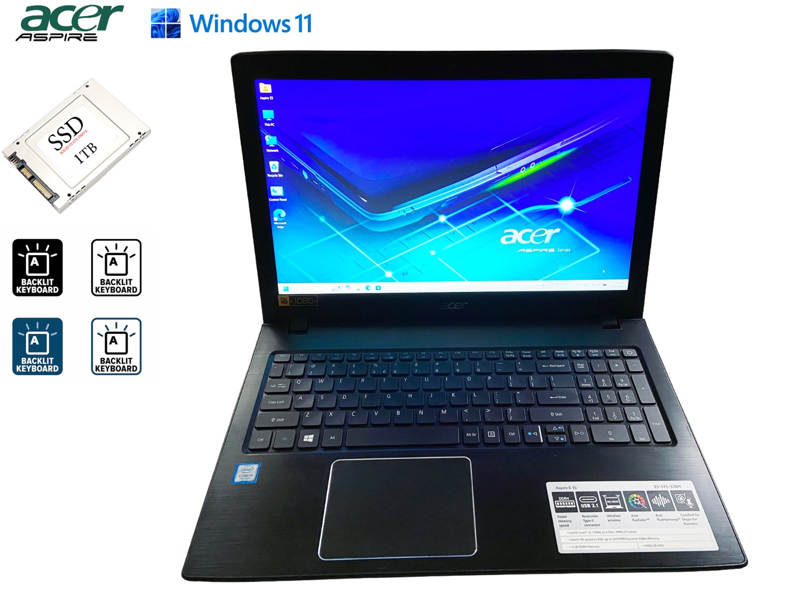 Acer Aspire E5-575; Intel Core i3-7100 @2.40GHz 15.6″ 1TB SSD 16GB RAM Laptop