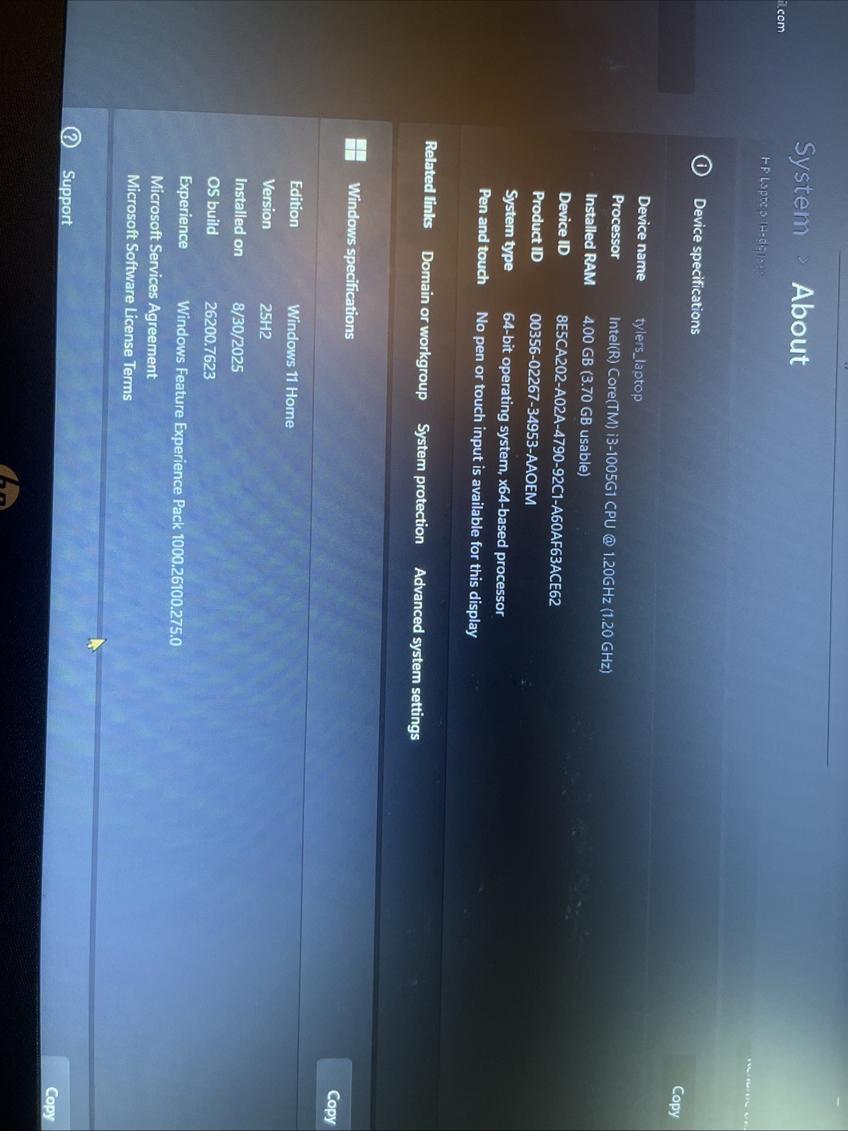 ho laptop Intel i3-1005Gi CPU 1.20GHz 4.00 GB RAM 128mb Graphics 120GB Storage