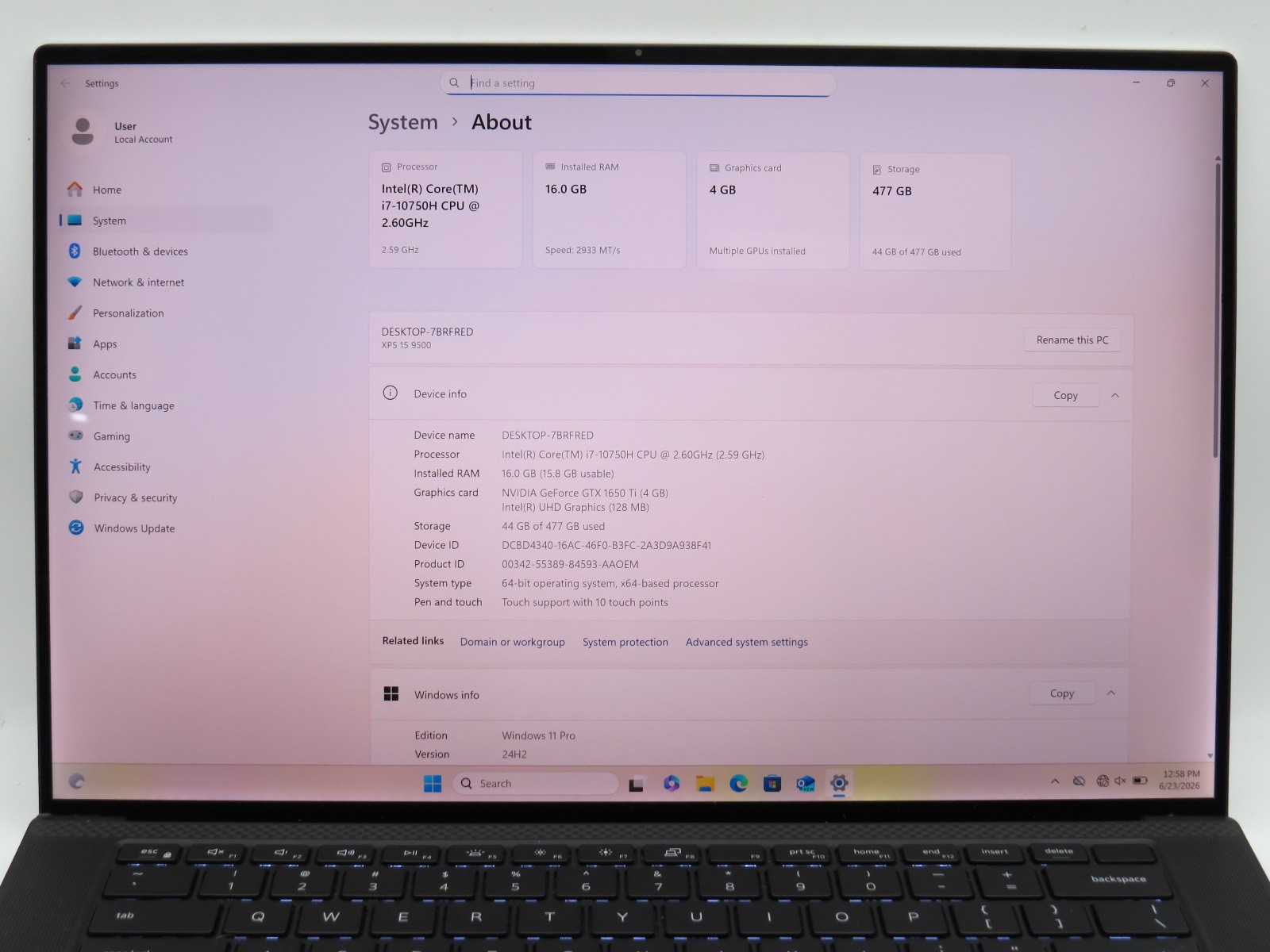 Dell XPS 15 9500 i7-10750H 16GB DDR4 512GB m2 GTX1050 ti 15.6″ 4K Touch Win11