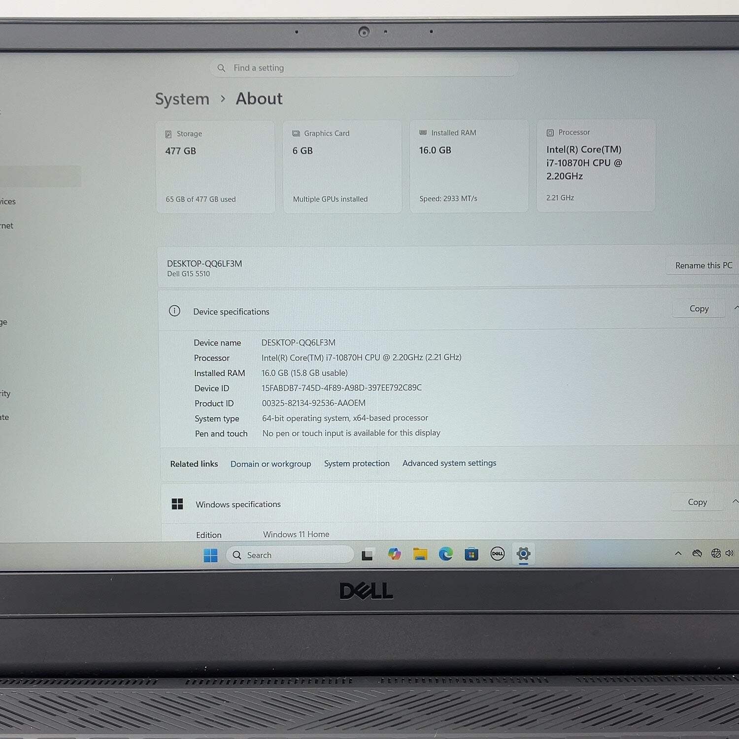 Broken Dell G15 5510 15.6″ i7-10870H 16GB RAM 512GB SSD GeForce RTX 3060 READ