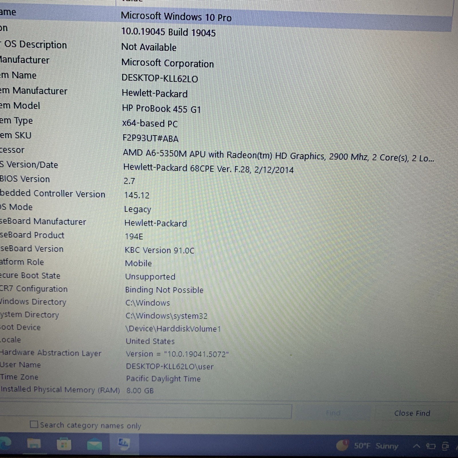 HP PROBOOK 455 G1 AMD RADEON A6-5350M 8GB RAM 500gb HD WIN 10