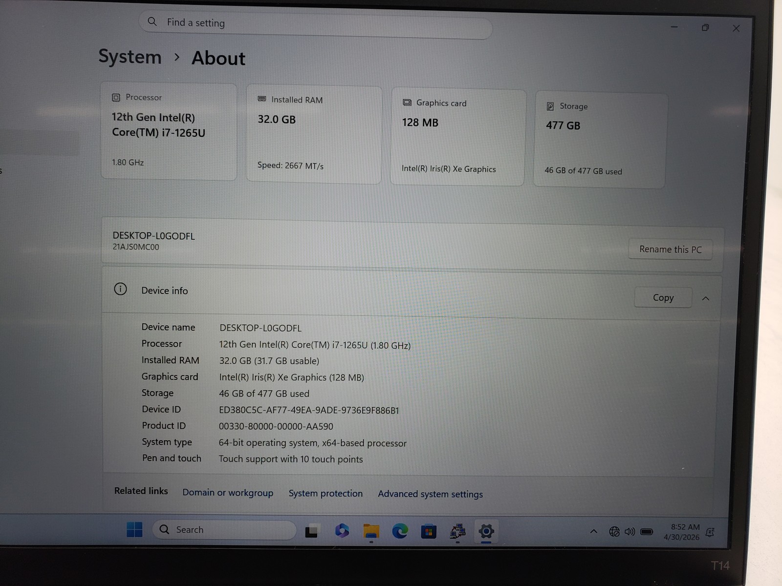 Lenovo T14 Gen 3 i7-1265U 32GB Ram Touchscreen 512GB SSD Backlit KB Win 11 Pro