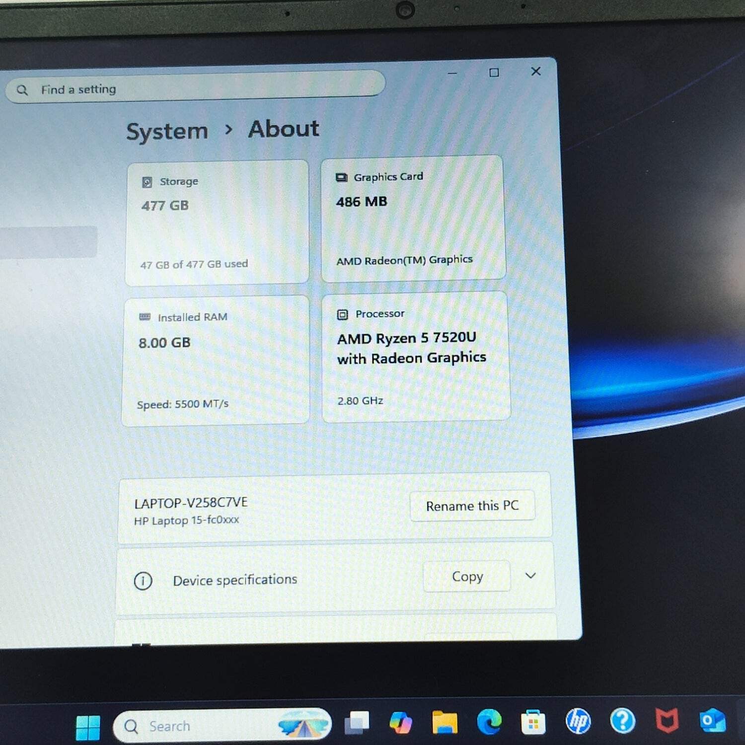 HP Laptop 15-FC0014NR 15.6″ Ryzen 5 7520U 2.8GHz 8GB RAM 512GB SSD