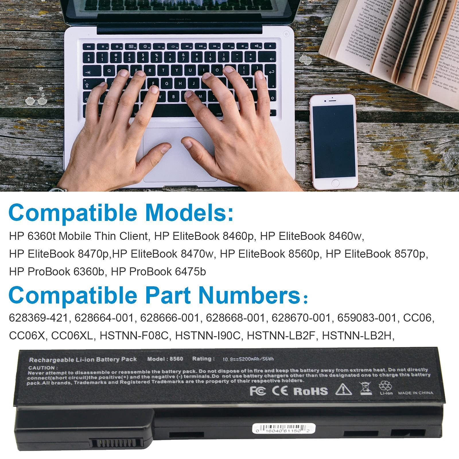 Futurebatt Laptop Battery for HP EliteBook 8460P 8460W 8470P 8560P 8570P; HP Pro