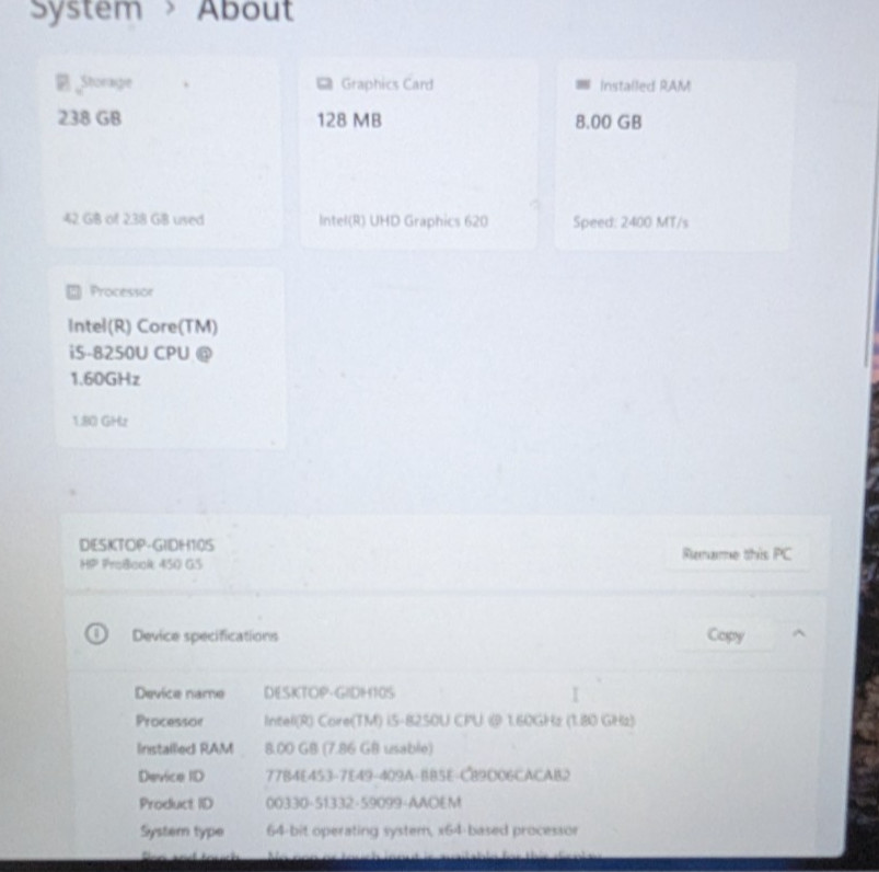 HP ProBook 450 G5 15.6″ i5-8250U 1.60GHz 8GB 256GB SSD W11P 5CD8323Q5Y