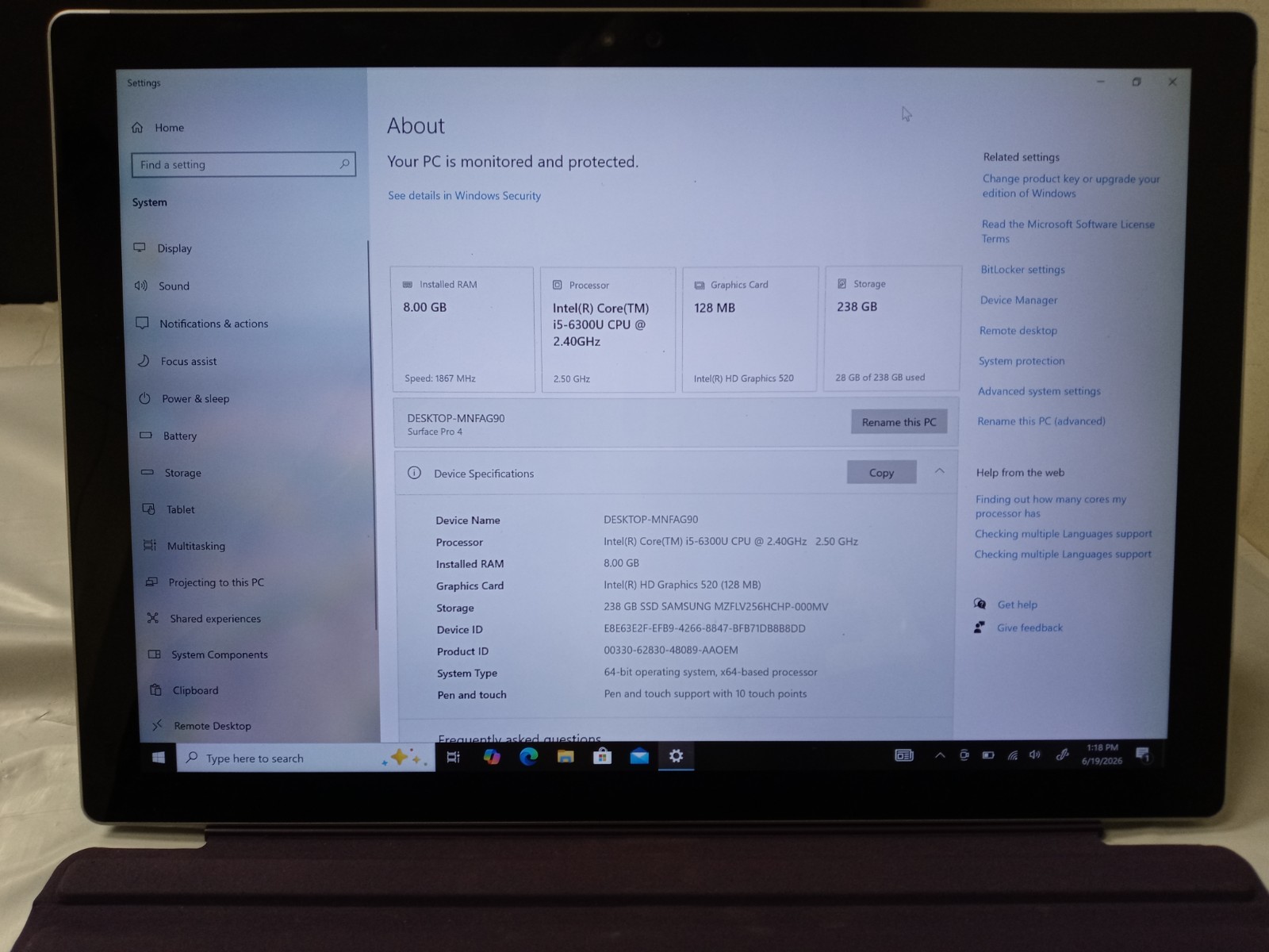 MICROSOFT SURFACE BOOK i5-6300U @ 2.4GHz, 8GB RAM, 256GB SSD, WIN 10 PRO NO AC