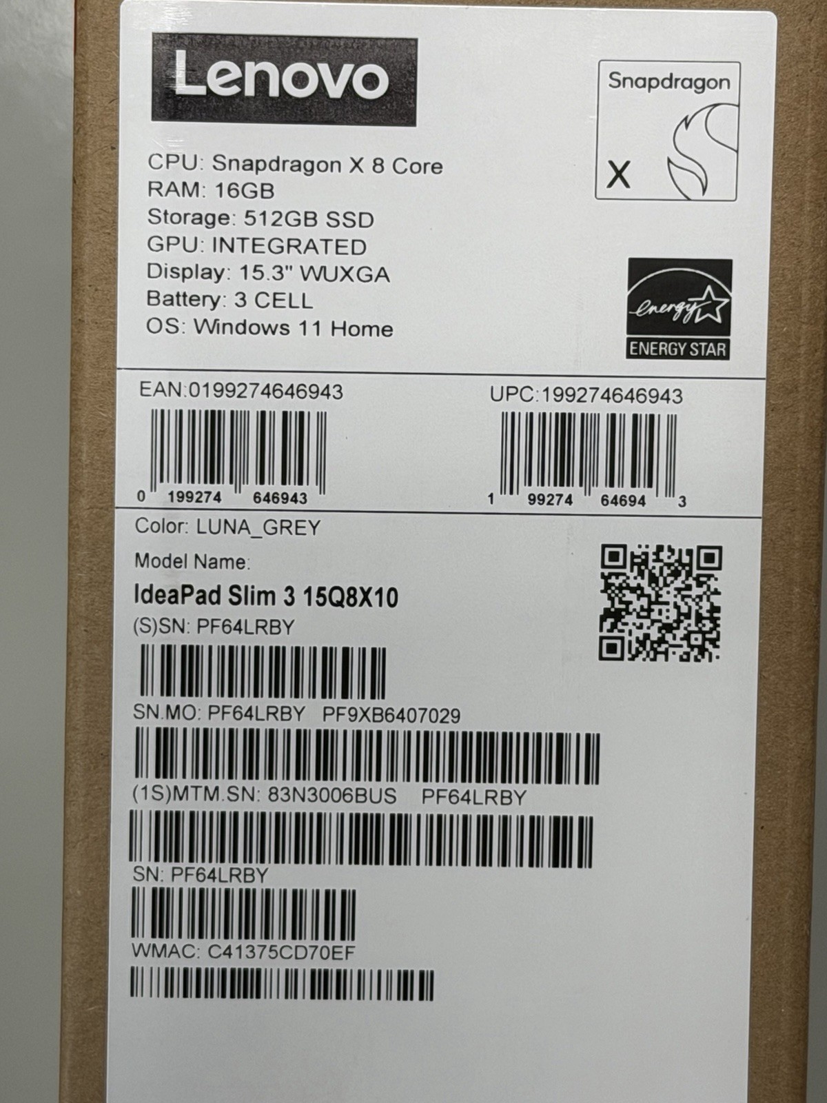 Lenovo IdeaPad Slim 3 15Q8X10 – 16GB RAM 512GB SSD – Luna Gray Laptop