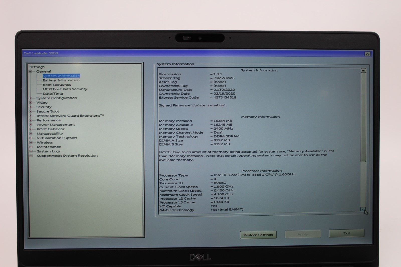Dell Latitude 5300 | i5-8365U@1.60GHz | 256GB/16GB | No OS/Charger | Screen DMG
