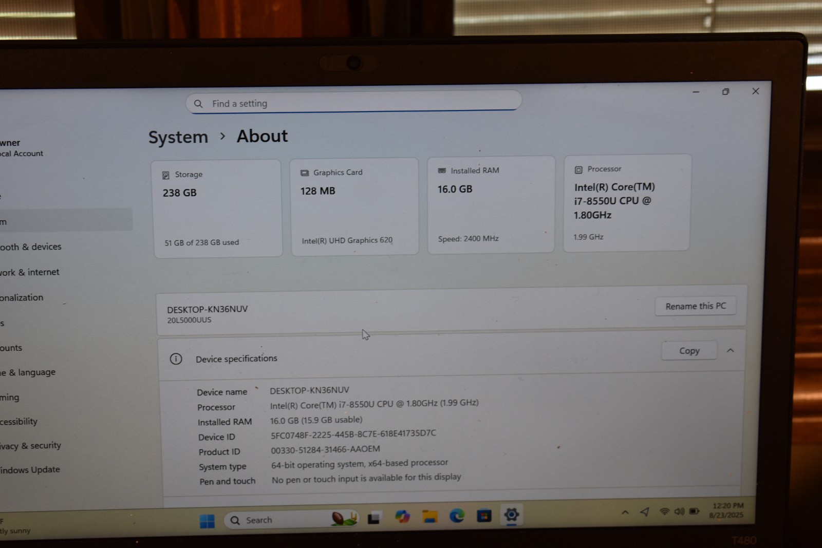 Lenovo Thinkpad T480 Intel Quad Core i7-8550U 16GB RAM 256GB SSD Windows 11 Pro