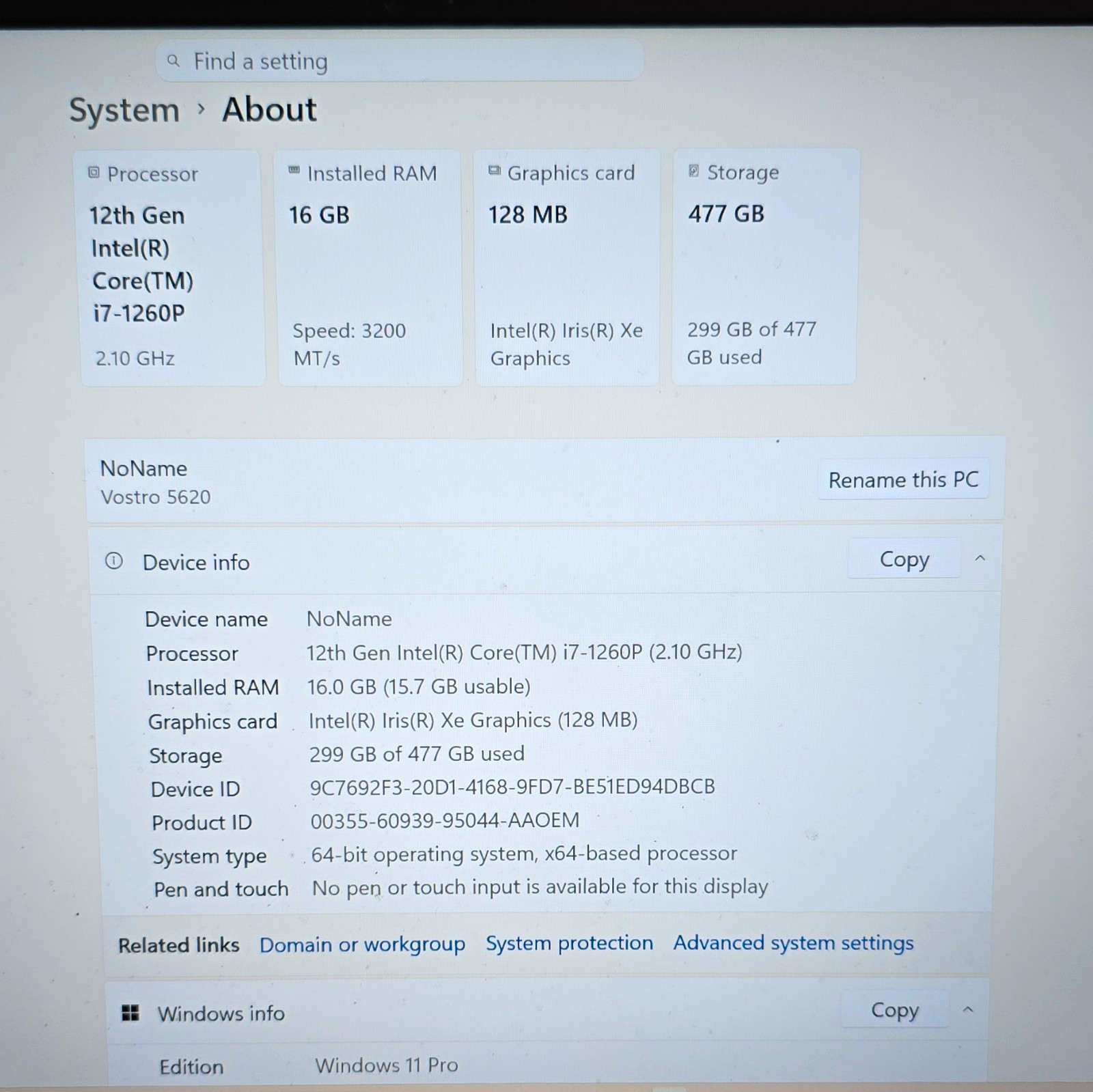 Dell Vostro 5620 16″ i7-1260P 16GB RAM 500GB SSD Win 11 Pro Xe Graphic 128MB