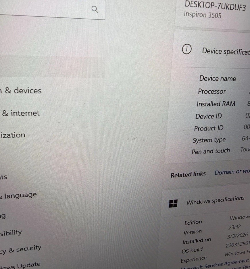 DELL INSPIRON 3505 AMD RYZEN 5 3450U 240GB SSD 4GB RAM WINDOWS 11