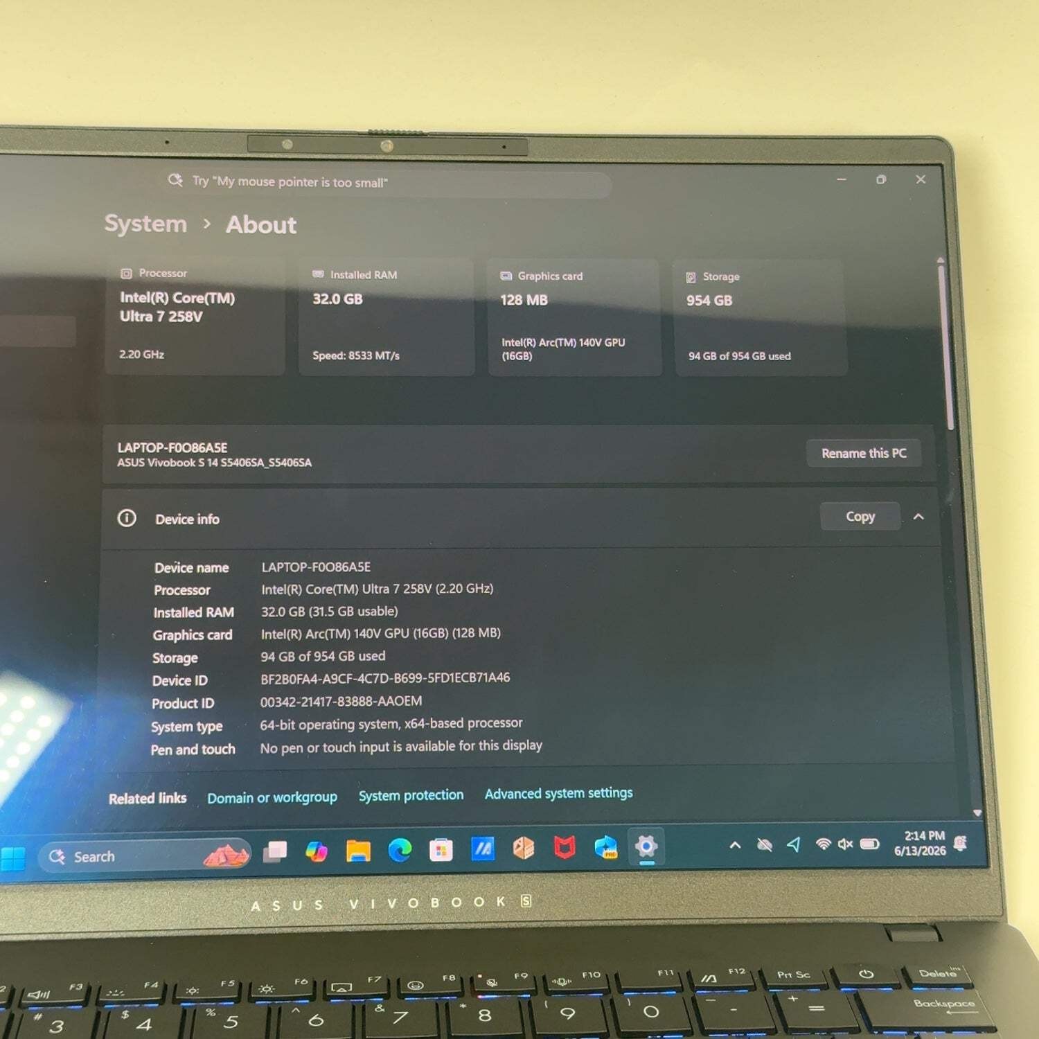 Asus Vivobook S 14 S5406S 14″ Core Ultra 7 258V 2.2GHz 32GB RAM 1TB SSD