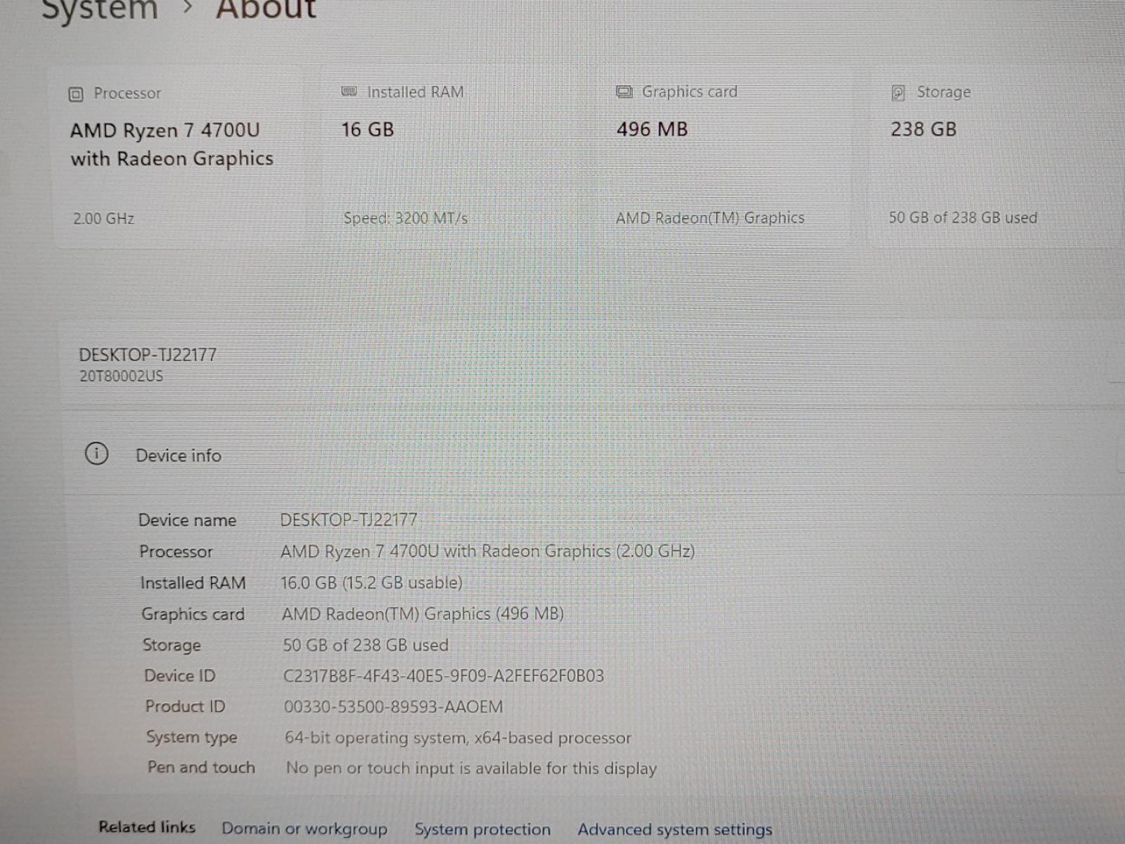 Lenovo ThinkPad E15 Gen 2 15.6″ Ryzen 7 4700U 16GB 256GB Win11Pro *NO A/C* *READ