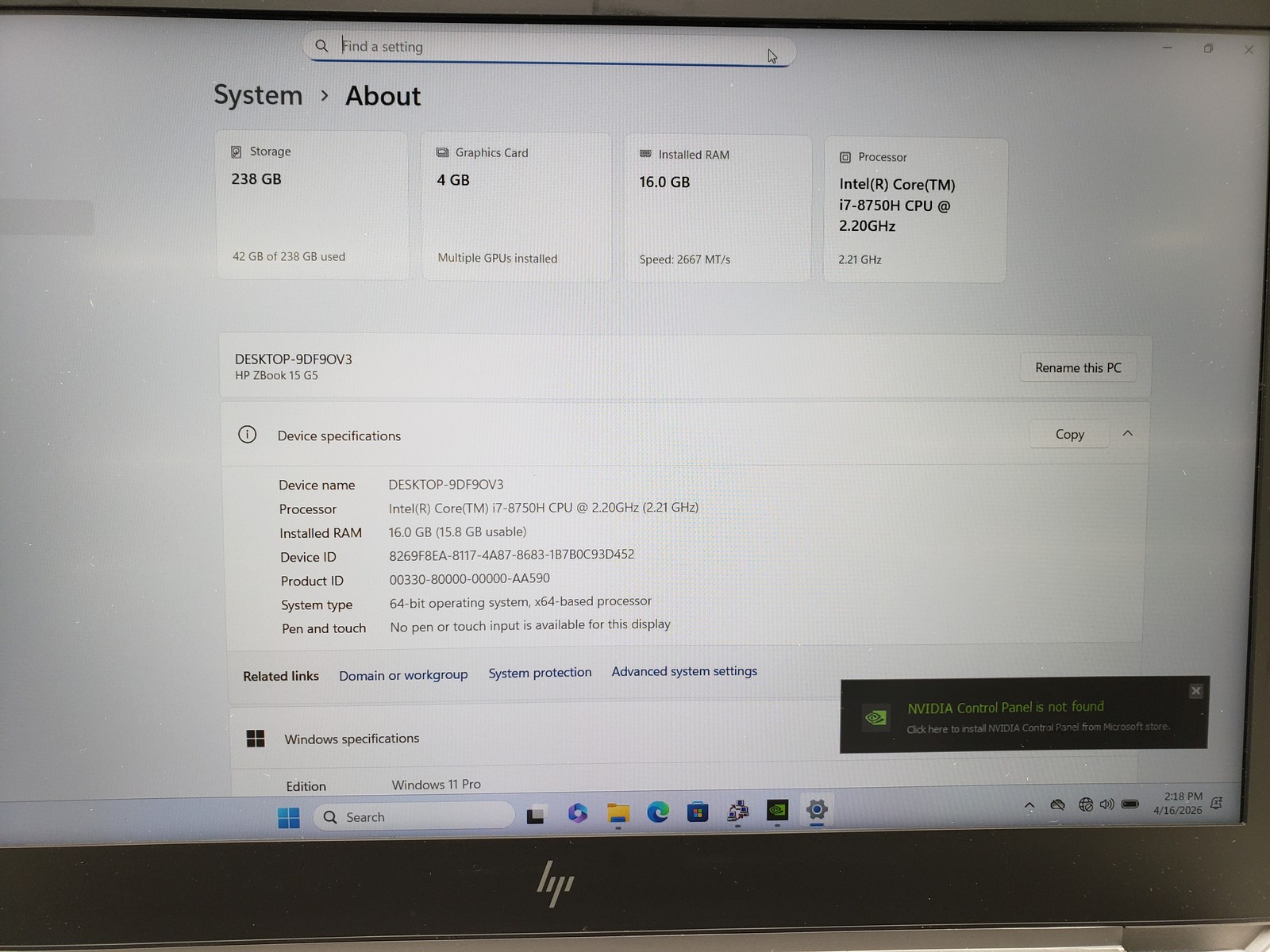 HP ZBook 15 G5 Laptop i7-8th 16GB 256GB SSD Quadro P2000 4GB, Win11 Pro Tested