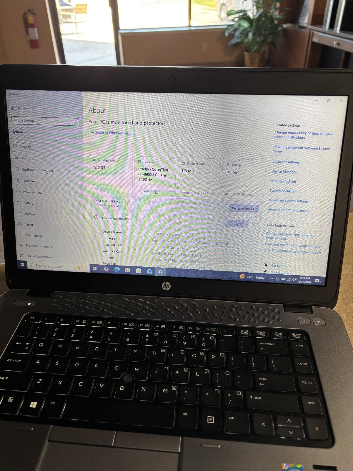 HP Elitebook 850 G1/i7-4600u/12GB/120GB SSD/15″/W10Pro BIOS LOCK