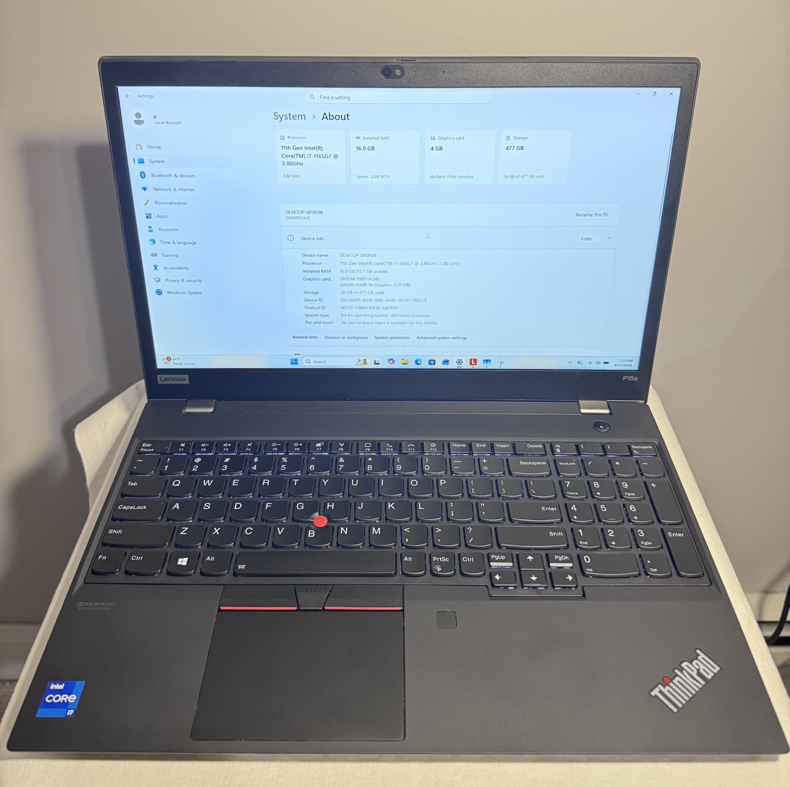 LENOVO ThinkPad P15s Gen2i i7 15.6″ 16GB RAM 512GB SSD WIN11P NVIDIA T500