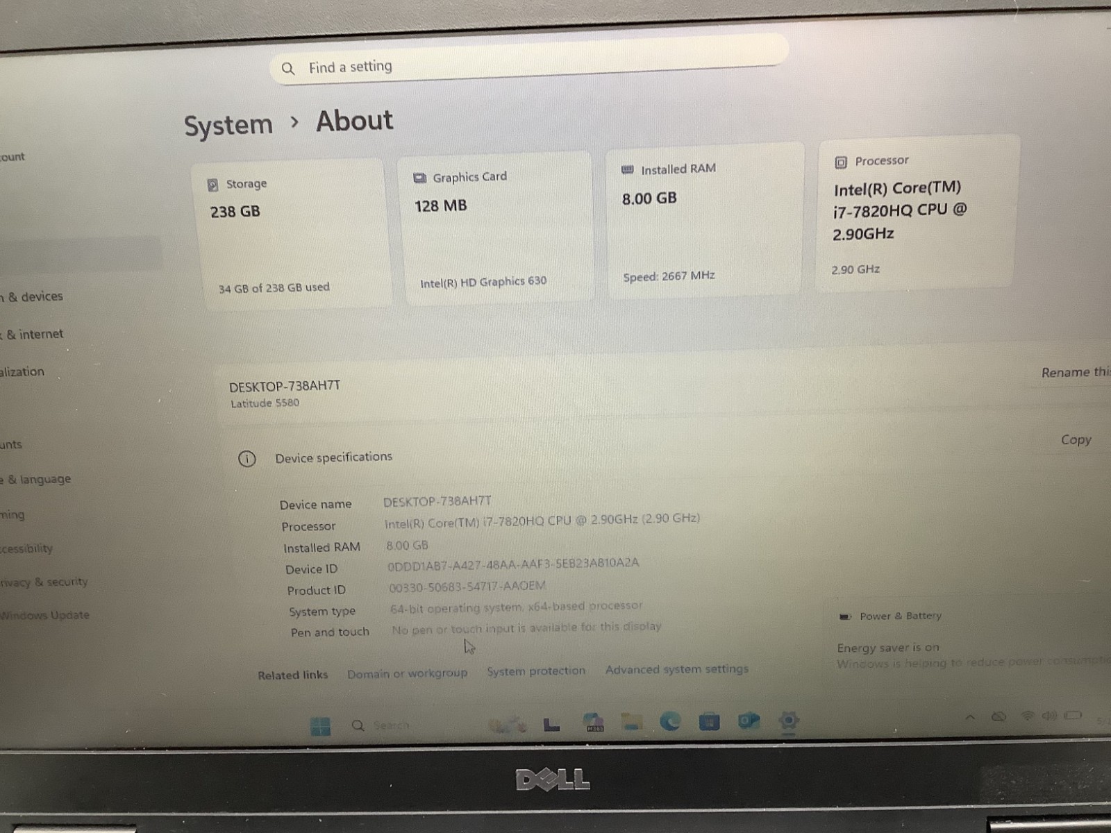 Dell Latitude 5580 Intel i7-7820HQ @ 2.9GHz 8GB RAM 250GB SSD Windows 11 Pro