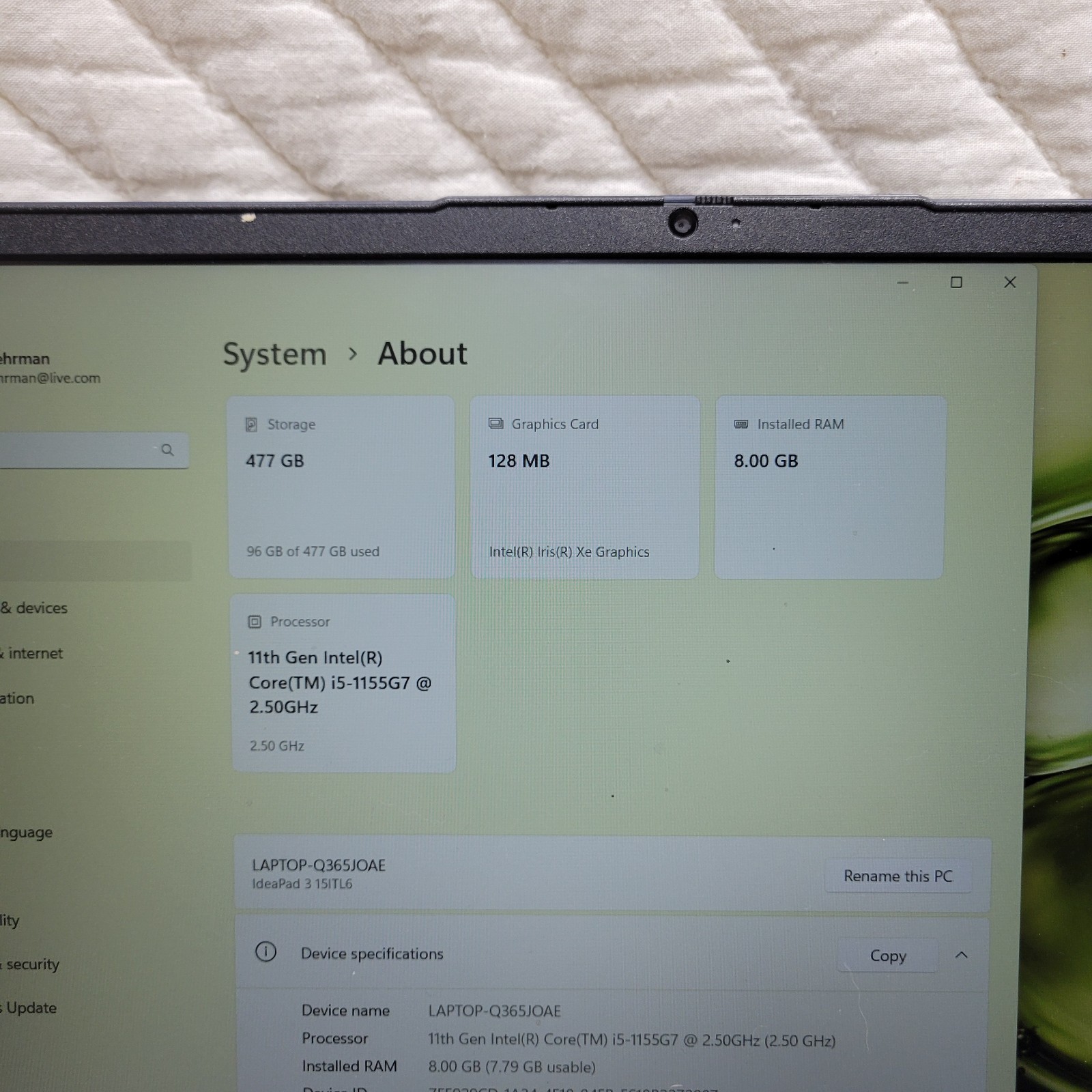 Lenovo IdeaPad 3 15ITL6 15.6″ i5-1135G7 2.5GHz 8GB RAM 512GB SSD With AC Win 11