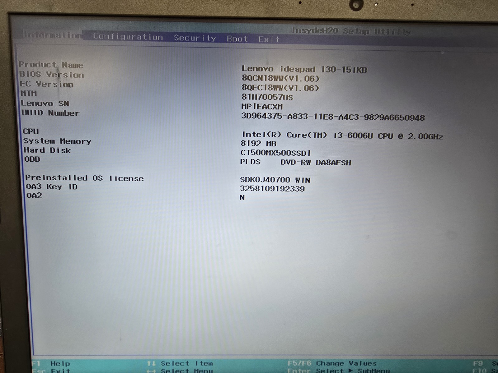 Lenovo ideapad 130-15IKB Laptop Intel I3-6006u 2.00ghz 8GB WIN 10 Setup