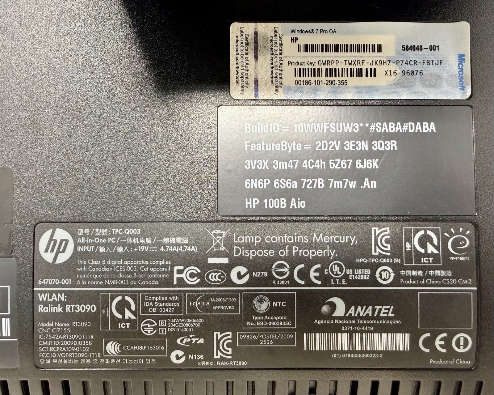 HP 100B All-in-One Windows 7 Pro PC XZ812UT#ABA AMD E-350 2GB DDR3 RAM 250GB HD