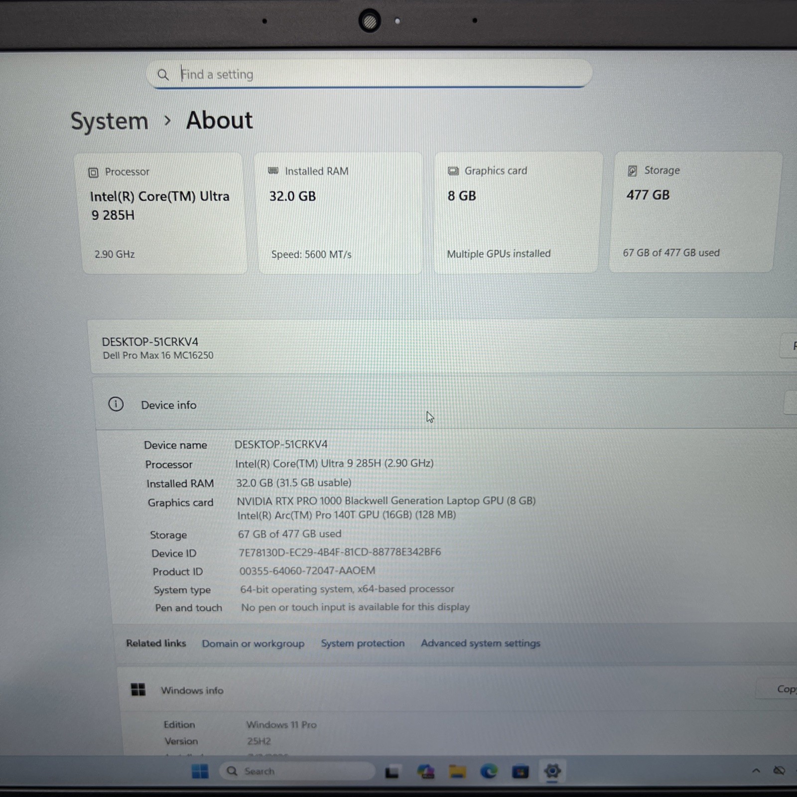 Dell Pro Max 16 MC16250 Ultra 9 285H 32GB 1TB SSD NVIDIA RTX Pro 1000 Blackwell
