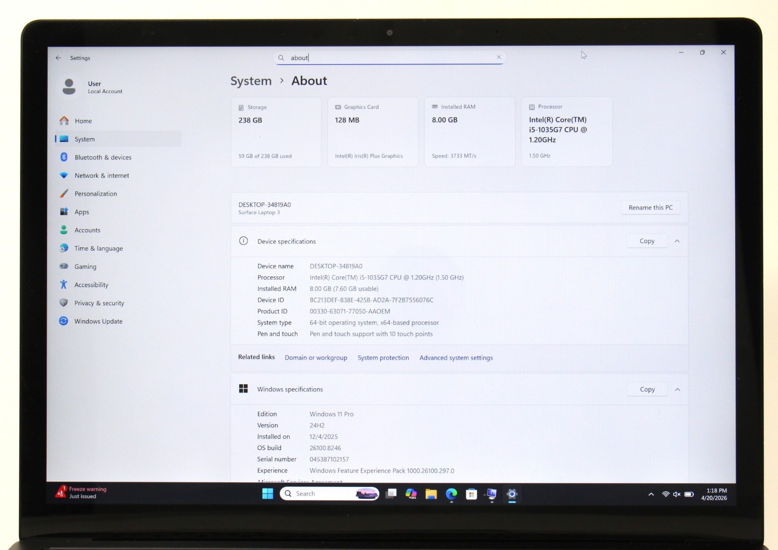 Microsoft Surface Laptop 3 13.5″ 1.2GHz i5-1035G7 256GB SSD 8GB RAM ; 6179737