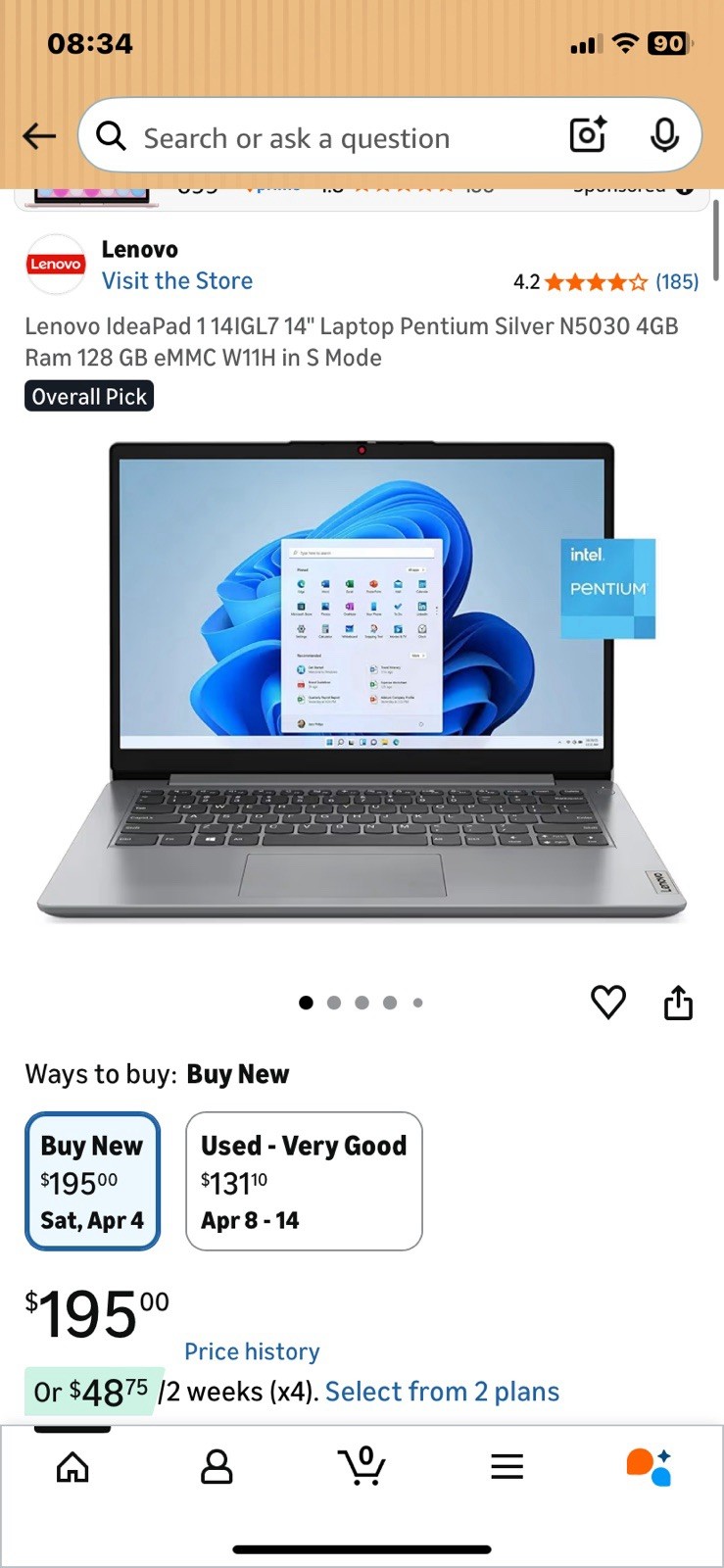 Lenovo IdeaPad 1 14IGL7 14″ Laptop Pentium Silver N5030 4GB 128GB Windows 11
