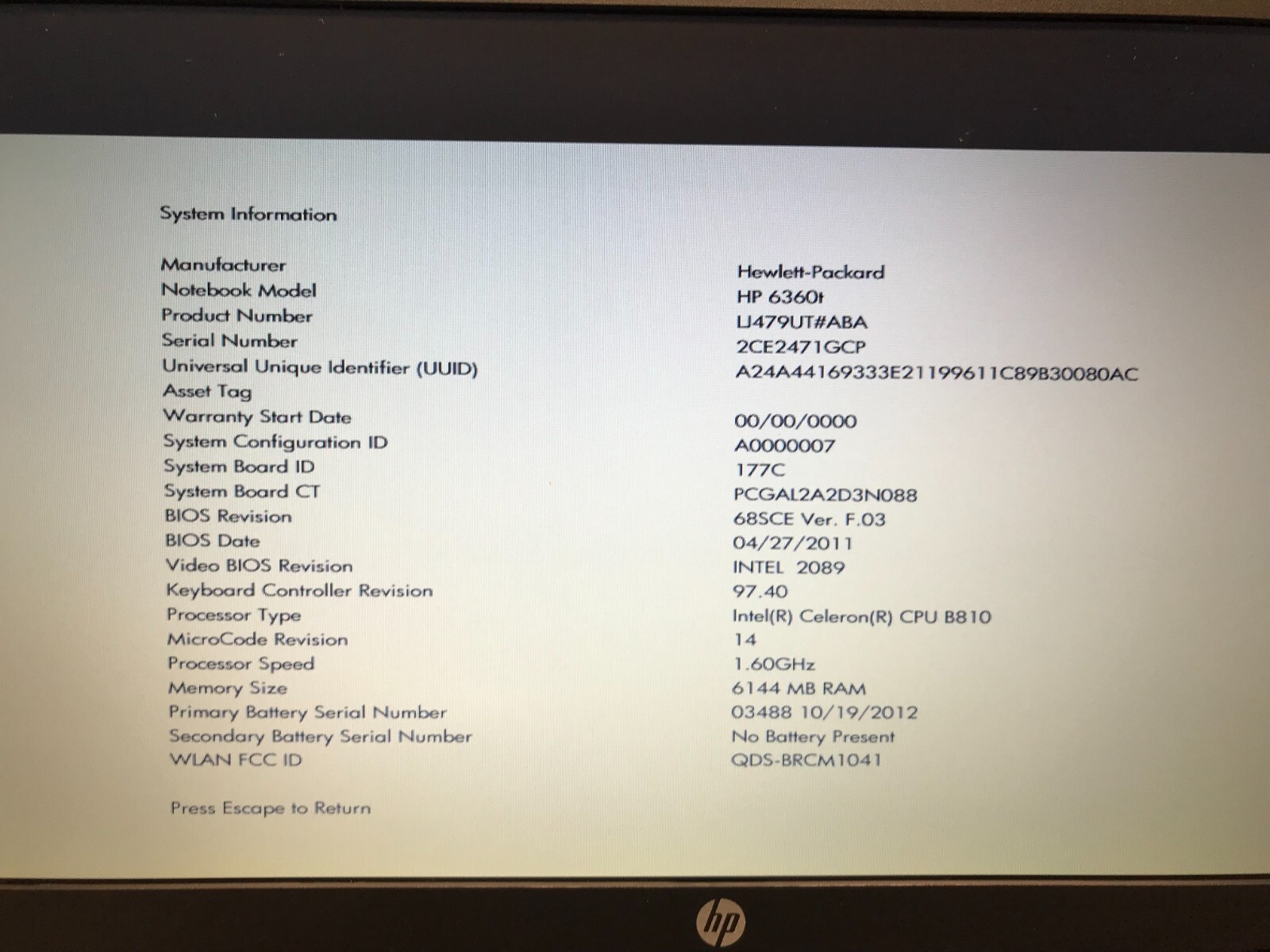 HP ProBook 6360t Laptop Intel Celeron B810 @1.6GHz , 6GB PC3 RAM, SD Card Reader