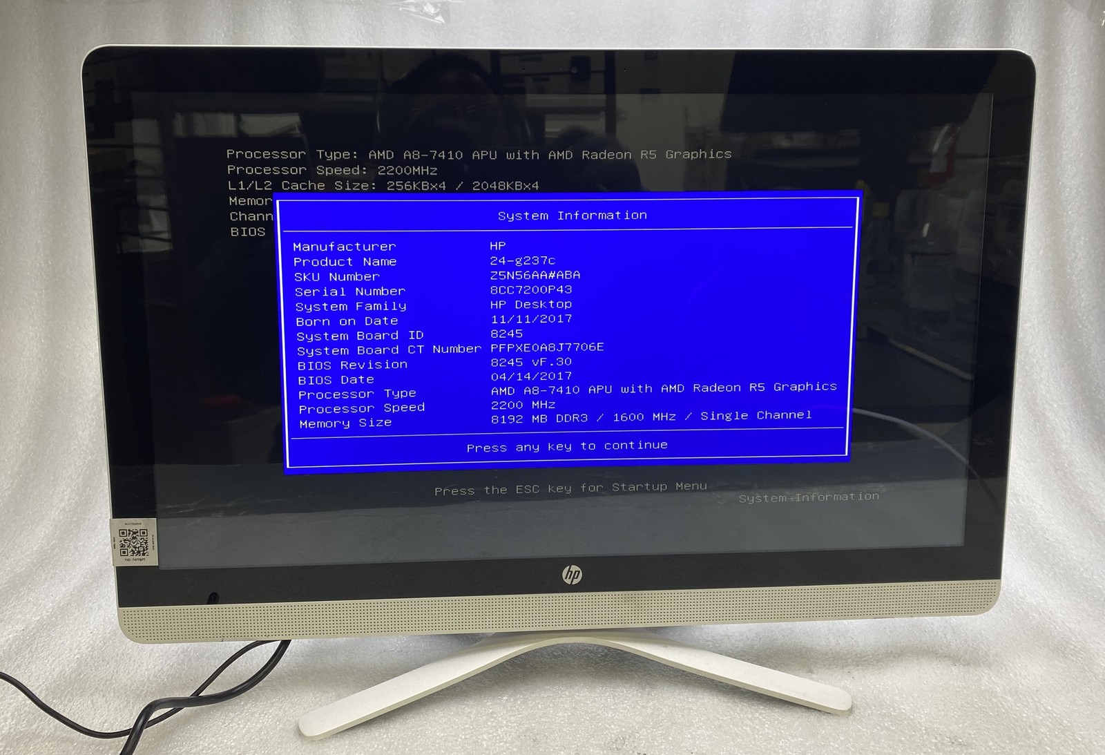 HP 24-g237c 24″ A8-7410 2.2GHz 8GB RAM 1TB HDD AMD NO OS Good