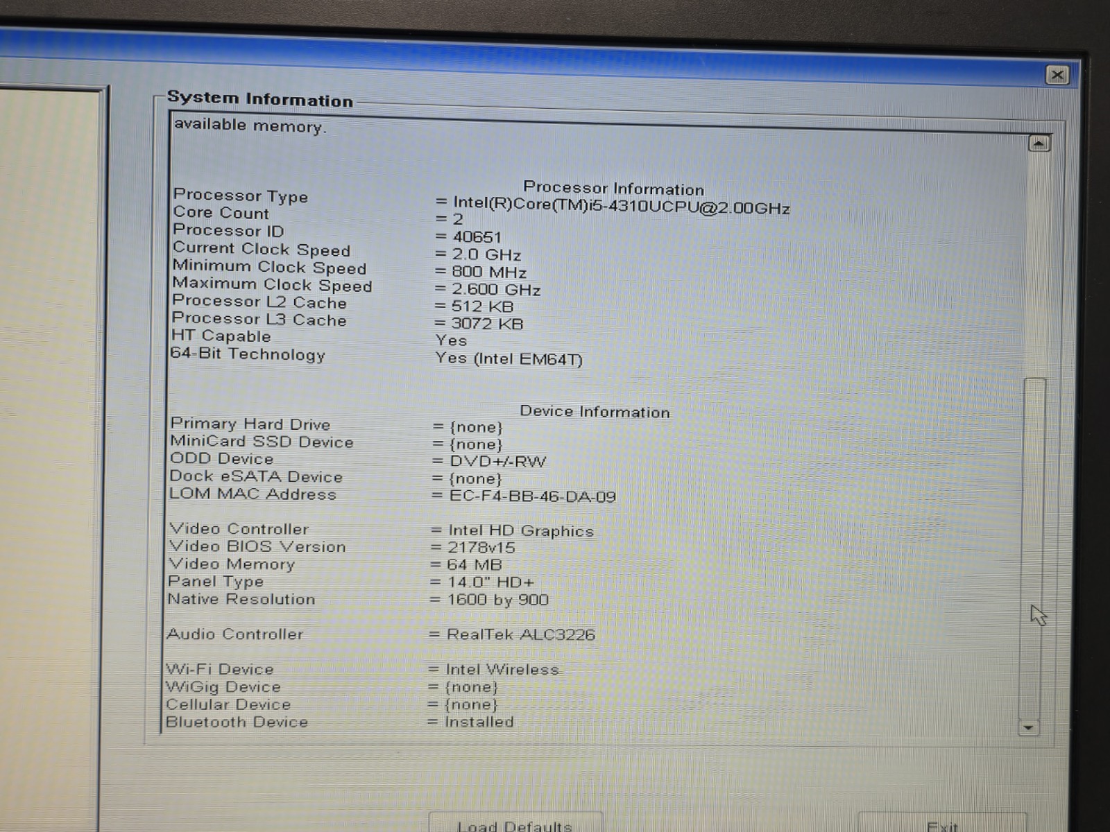 Dell Latitude E5440 Intel Core i5-4310U 2.0GHz 8GB RAM NO HDD/OS Boots Bios #42
