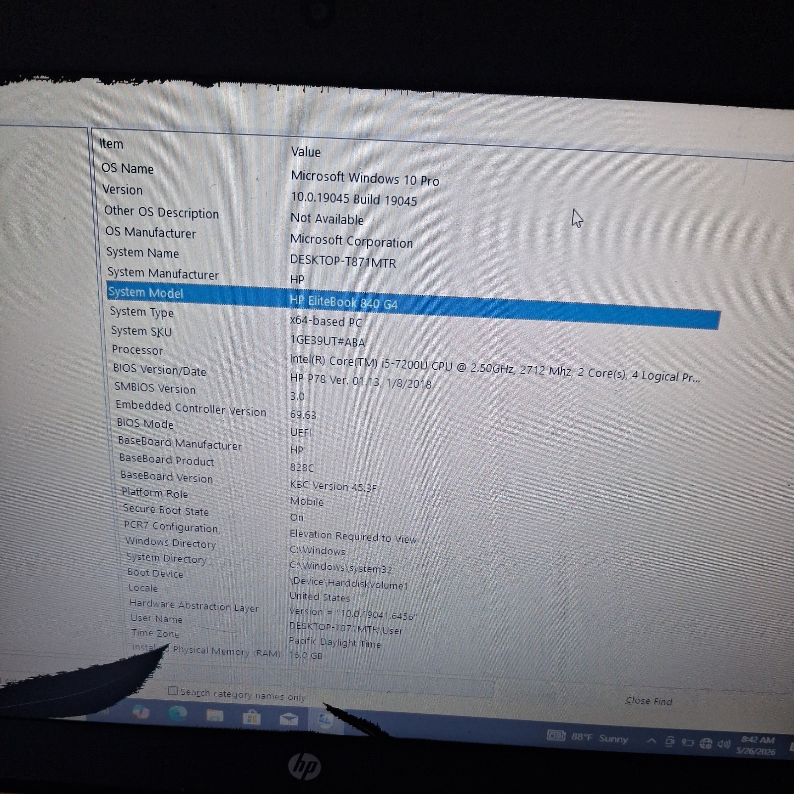 HP EliteBook 840 G4, Intel Core I5 7th Gen, 16GB RAM, 256GB SSD, For Parts