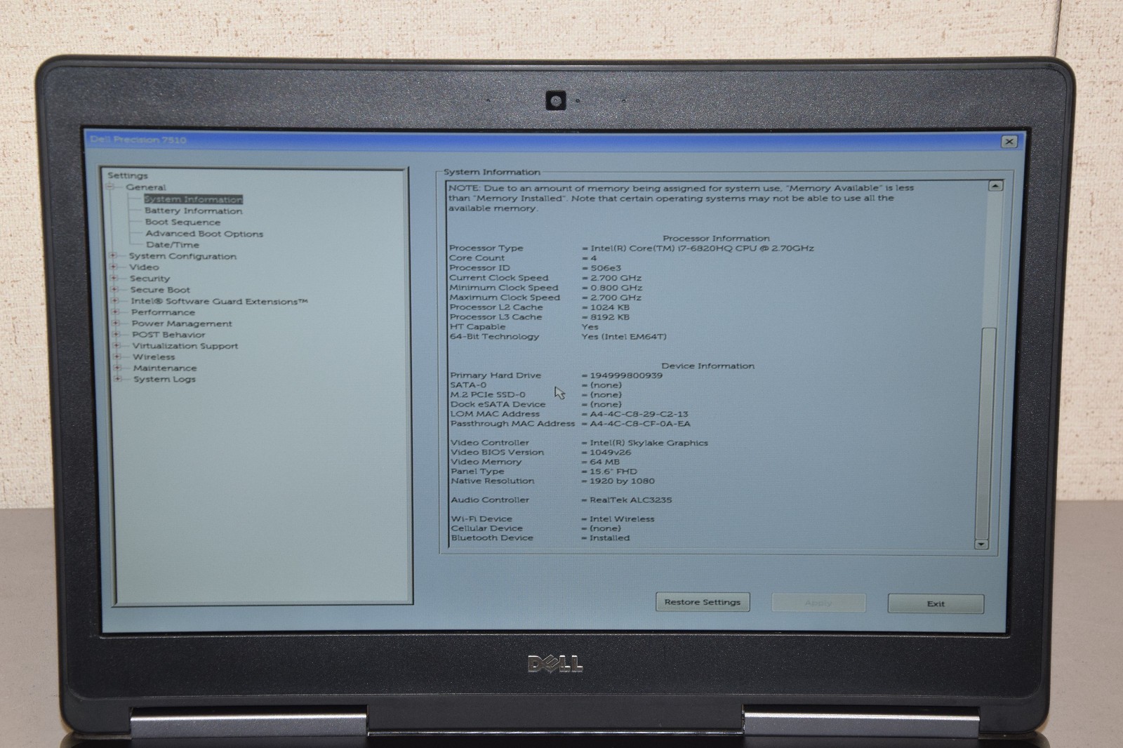 Dell Precision 7510 15.6″ Laptop i7-6820HQ 16GB 240GB NVIDIA Quadro M2000M 4GB