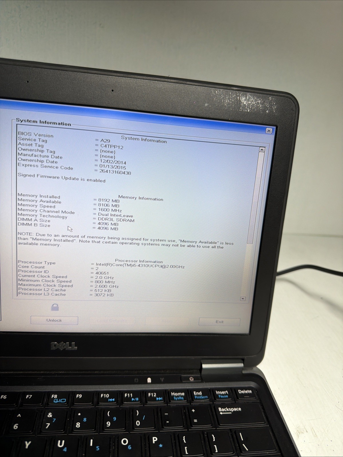 Dell Latitude E7240 12″ Laptop i5-4310u 8gb Ram No Drives Boots Bios Bios Passwo