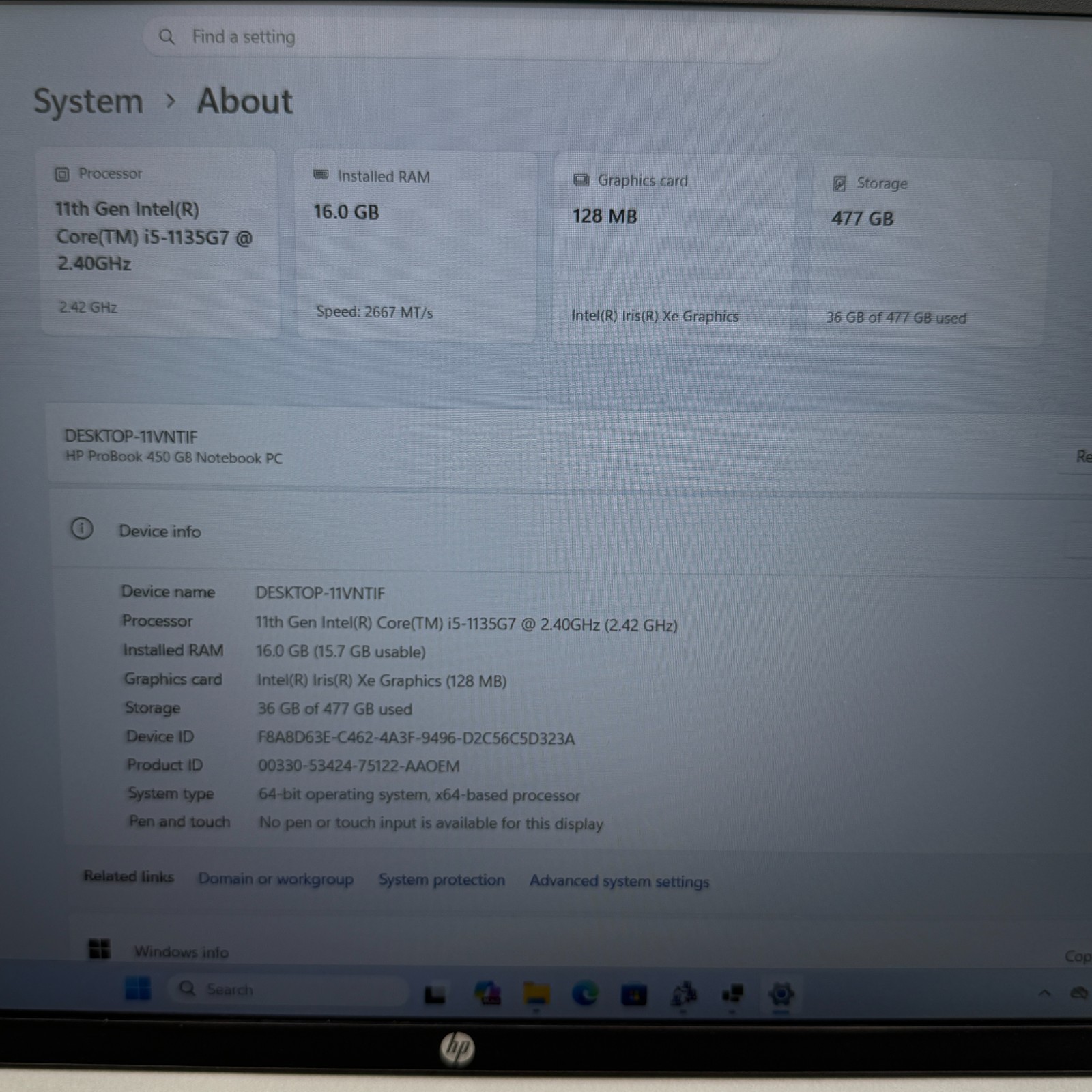 HP ProBook 450 G8 15.6″ i5-1135G7 16GB RAM 256GB SSD Win11 Pro USB-C FHD Laptop