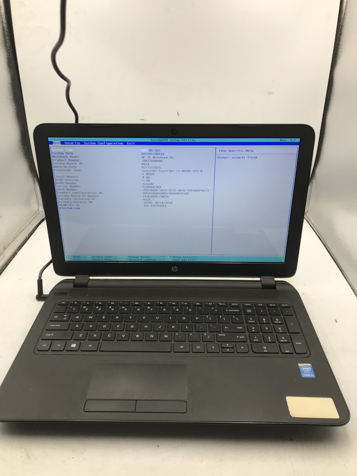 HP 15 F019DX – BOOTS TO BIOS – INTEL I3 4030U – NO RAM – NO OS – READ DESC – BB!