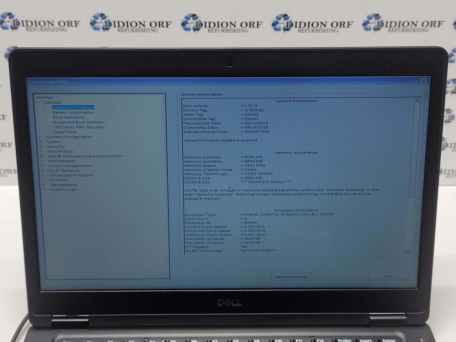DELL LATITUDE 5490 i5 8250U 1.60GHz 8 GB RAM NO HDD/SSD NO OS SKU 25409