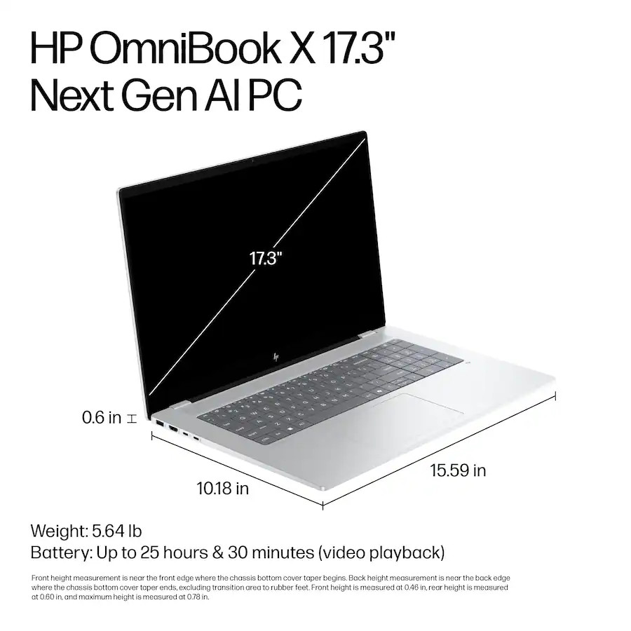HP OmniBook X Copilot+ 17.3″ 2K Touch Laptop Intel Ultra 7 256 V, 16GB 512 SSD
