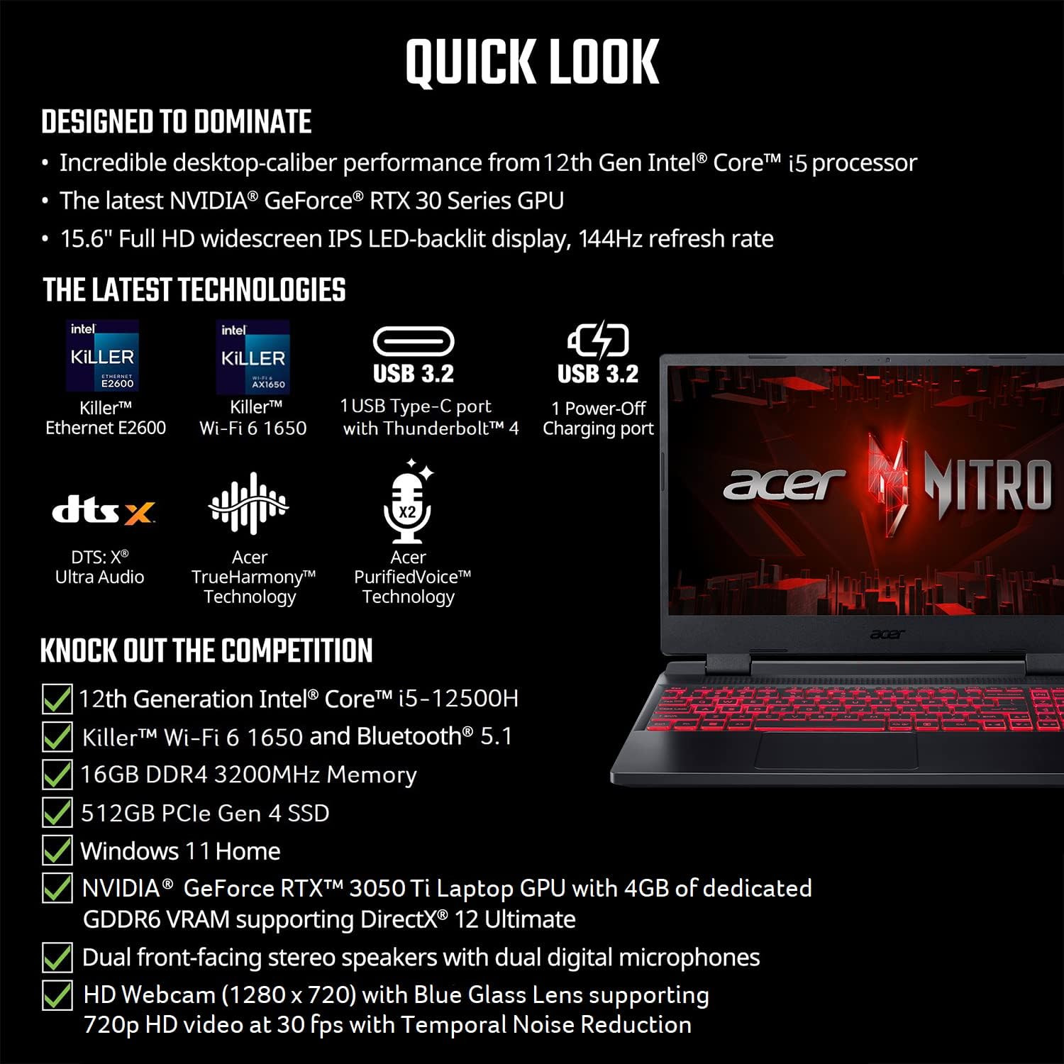 Nitro 5 AN515-58-57Y8 Gaming Laptop | Intel Core I5-12500H | NVIDIA Geforce RTX