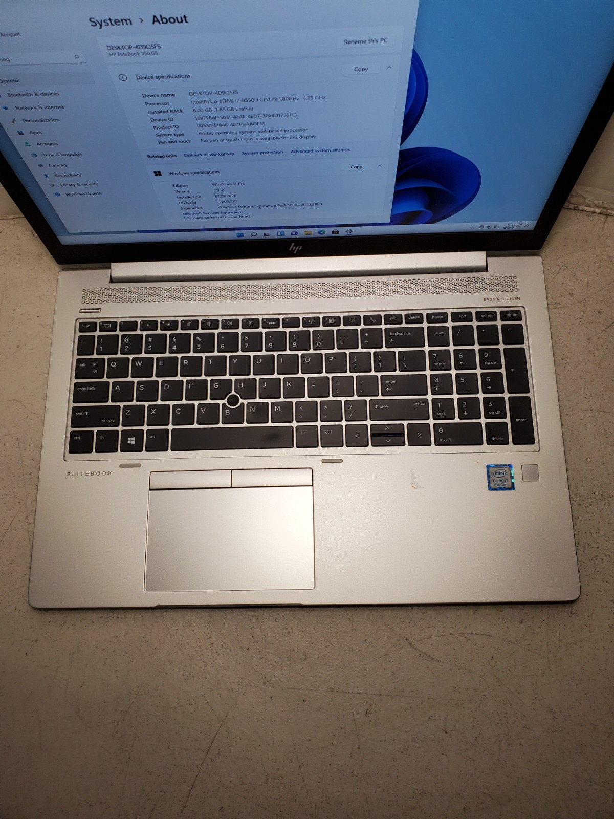 HP EliteBook 850 G5 15.6″ Laptop – Core i7-8650U 8GB RAM 256GB SSD Win11 #69