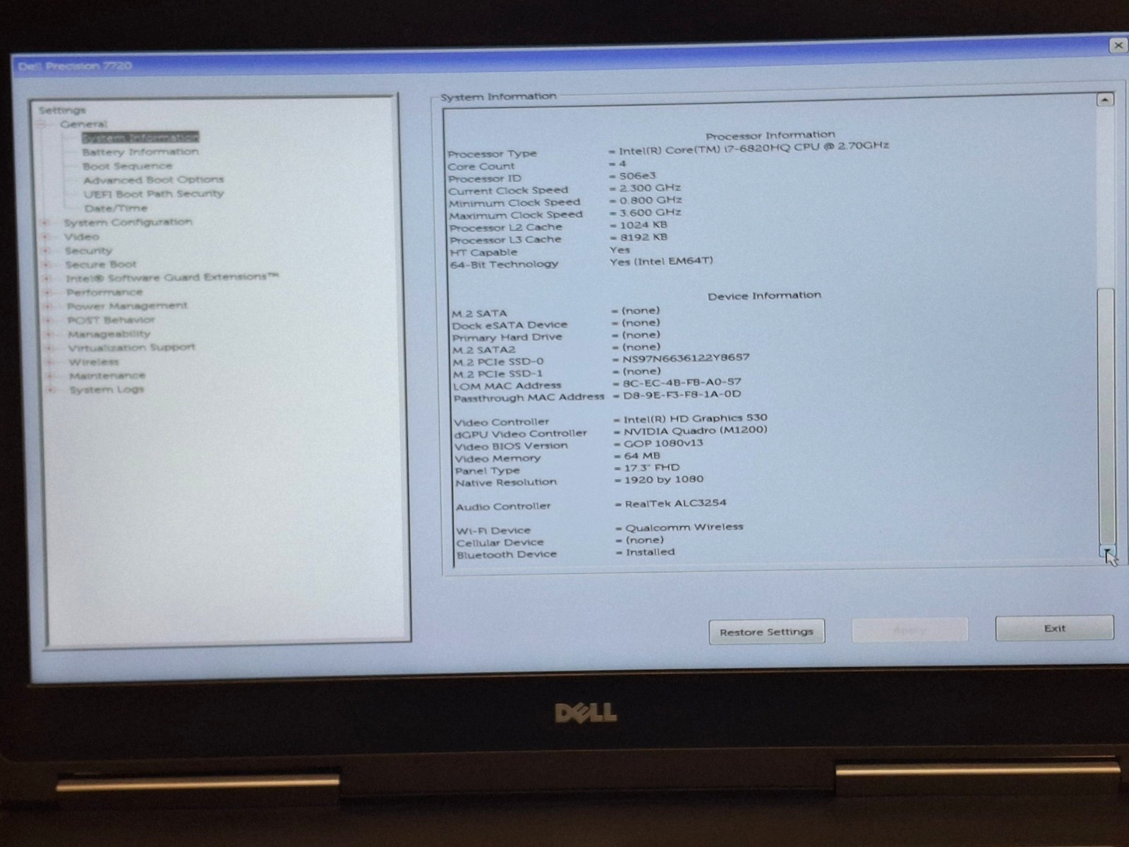 DELL PRECISION 7720 I7-6820HQ 256GB SSD 32GB RAM NVIDIA QUADRO M1200 Win 10 Pro
