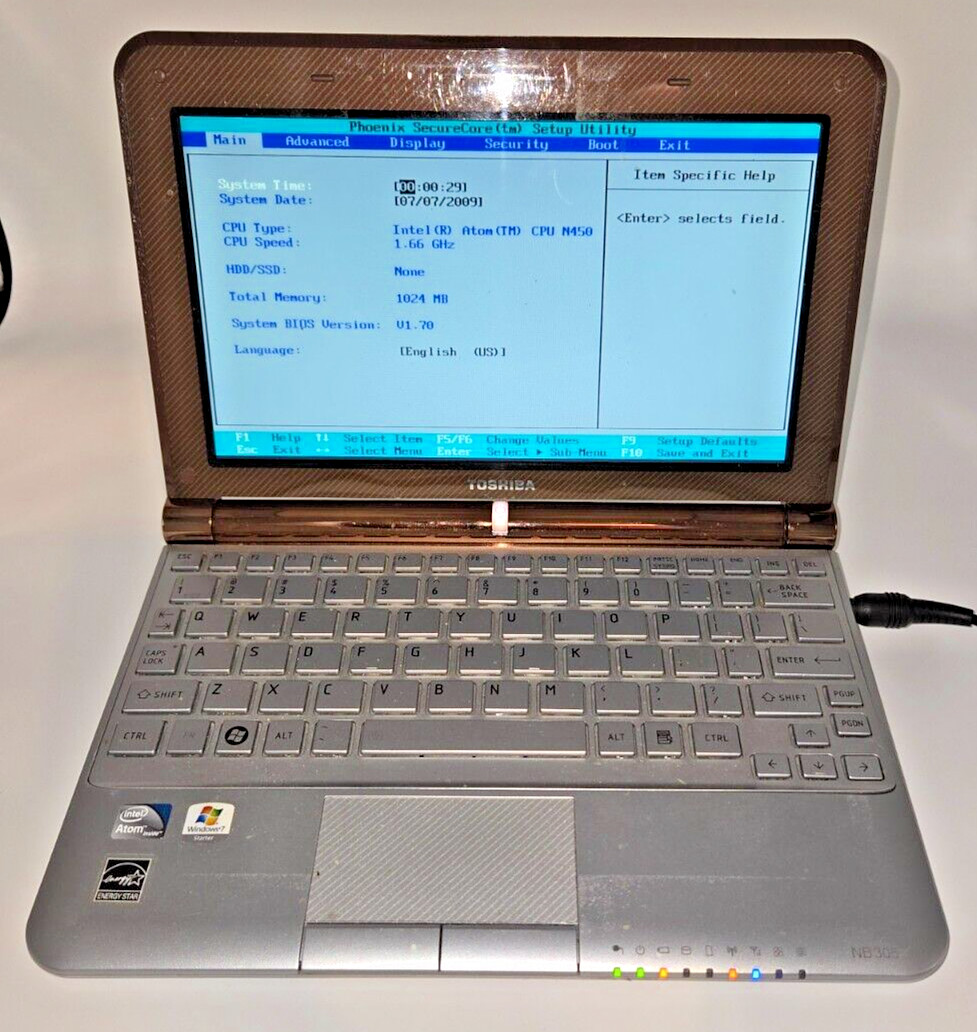 Toshiba Mini NB305-N410BN-G Laptop, Used, Untested, Turns On, No Hard Drive