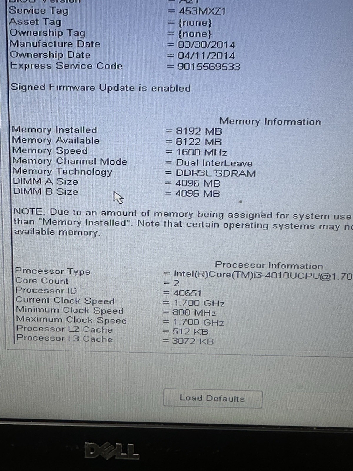 Dell Latitude E7240 Core i3-4010U 8GB RAM, NO HD FOR PARTS/ Repair