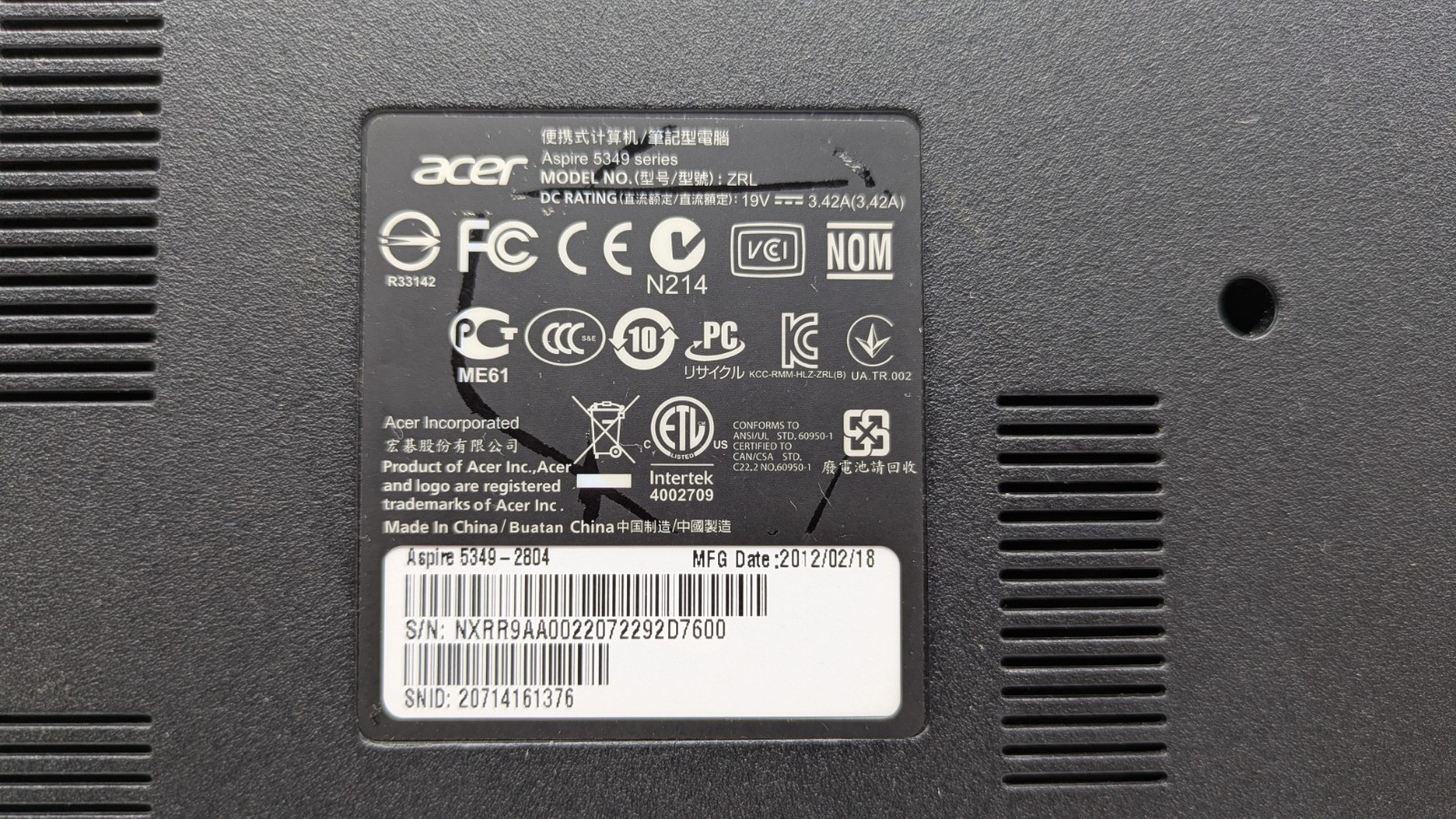 Acer Aspire Celeron 1.6 GHz 3 GB DDR3 320 GB HDD 15.6″ Laptop 5349-2804 WORKS
