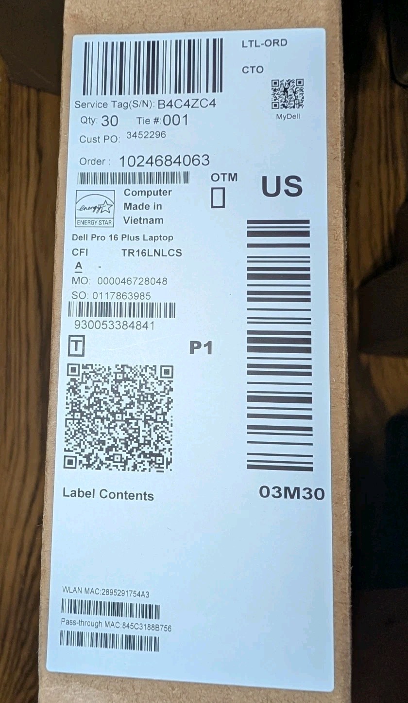New Dell Pro 16 Plus PB16250 16″ Core Ultra 5 265U 2.1GHz 16GB RAM 512GB SSD