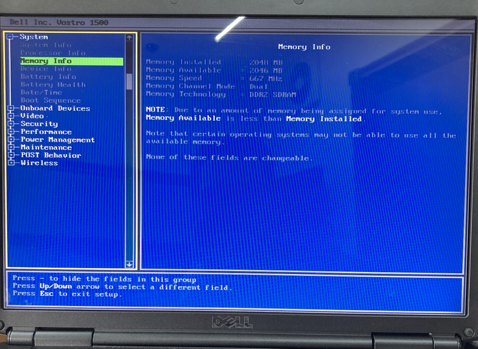 Dell Vostro 1500 Intel Core 2 Duo 1.40 GHz 2 GB no HDD Boot to BIOS